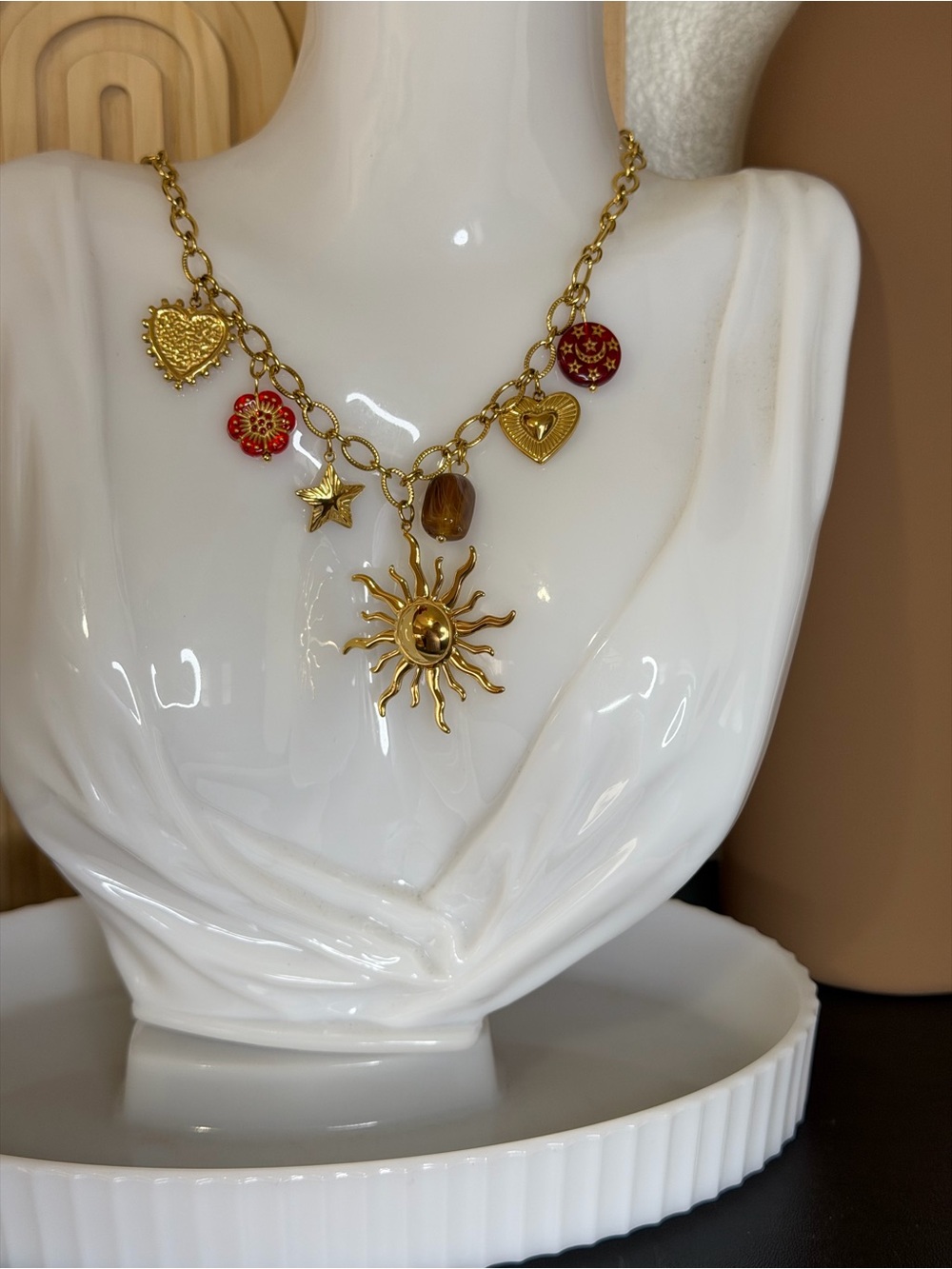 Gold Sun Charm Necklace with Red Accents - Women's Necklace